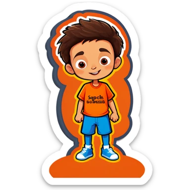 Boy in orange shirt funny with Spanish words sticker