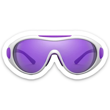 3D render of futuristic sports sunglasses, oval purple tinted lenses, white glossy frame, large gray ventilated nose guard, detailed reflections, realistic materials, high detail, isolated on transparent background, 4K resolution sticker
