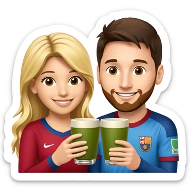 emoji-style illustration of Lionel Messi and Shakira smiling at each other, both holding traditional yerba mate cups, about to make a cheerful toast, friendly, happy, expressive cartoon faces, bright colors, fun vibe sticker