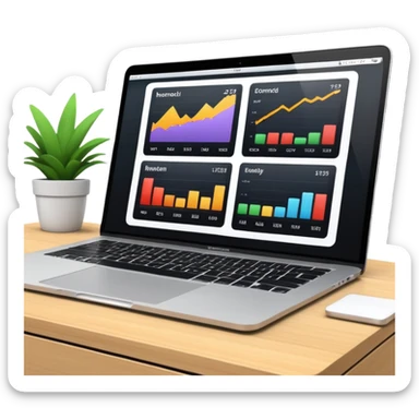 Create a macbook displaying financial charts and black analytics dashboards on the screen. sticker