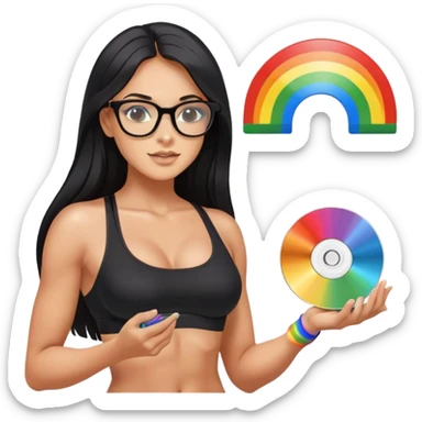 wearing glasses, long black hair tanned woman, black sports bra, sexy, hot, data analysis, holding a rainbow cd   sticker
