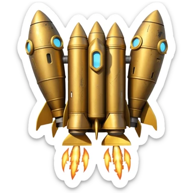 gold ancient wide jetpack with rocket projectiles on both sides, back view, no fire, with worn and weathered look sticker