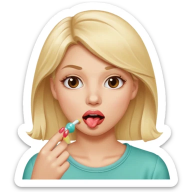 Elle fais une peu petasse, elle se mord le coin de la lèvres. Elle est blonde. Ongles vernis marrons. Elle mâche un chewing-gum  sticker