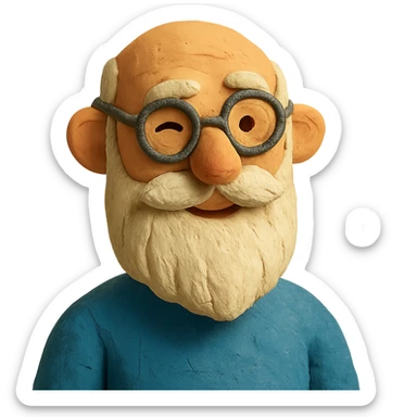 claymation style of a bald man with spectacles, long white beard, winking sticker