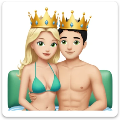 Blonde Queen with crown Green eyes in Bikini kissing Male subject without crown black hair blue eyes Background living room  sticker