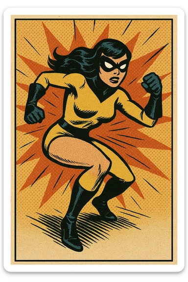superheroine costume, yellow and black, classic comic book style, gloves and boots, mask, action stance sticker