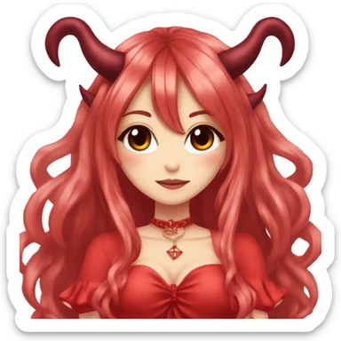 hime gyaru girl, devil horns, red long hair, red dress sticker