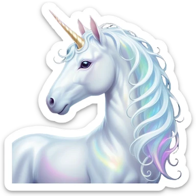 Cinematic Noble White Unicorn Portrait Emoji, Poised and regal, with a slender, ethereal form draped in a pristine white color, a flowing mane and tail, and a glistening, spiraled horn that radiates pure light, Simplified yet sharp and sophisticated features, highly detailed, glowing with a soft, iridescent luminescence, high shine, intelligent and transcendent, stylized with an air of mythical enchantment, focused and serene, soft glowing outline, capturing the essence of a watchful and confident white unicorn that appears ready to prance out of the screen with magical grace! sticker