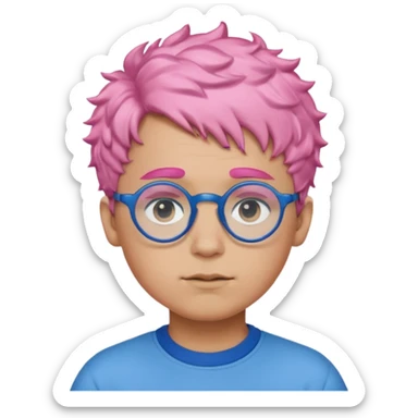 boy with short, curly pink hair, matching blue eyebrows, light brown skin, round black glasses, and a neutral facial expression. sticker