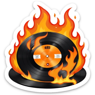 a black vinyl record on fire with a white center sticker sticker