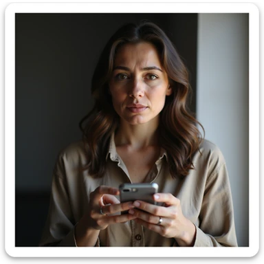 adult woman, photorealistic, looking at phone with calorie app showing message 'Nessun progresso', frustrated expression, natural light, home background sticker