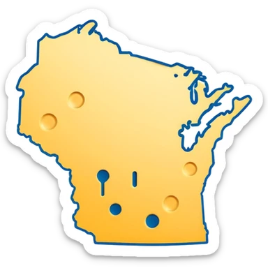 emoji combining Wisconsin state outline, cheese, lakes, with a cheerful, energetic expression, vibrant and friendly style sticker
