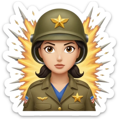 Female full confidence battle ready but pretty ground soldier heroically saving lives accompanied by Wonder Woman technology , with shelling happening all around sticker