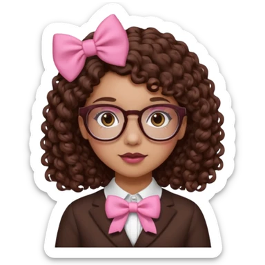 medium-lightskin girl with medium length chocolate brown side part curly hair, pink and white bow on the side, with brown glasses, brown eyes, noes piercing sticker