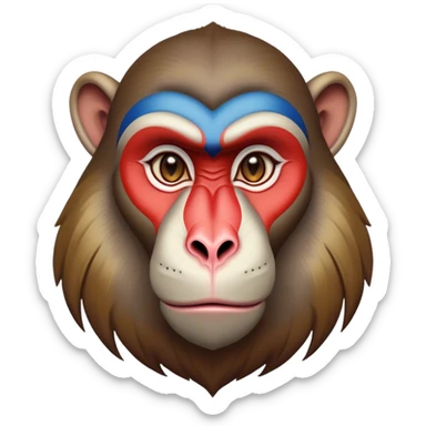 Cinematic Noble Mandrill baboon Portrait Emoji, Poised and regal, with a striking, powerful build and a vivid, deep-set soulful eyes, Simplified yet sharp and sophisticated features, highly detailed, glowing with a vibrant, dignified glow, high shine, intelligent and commanding, stylized with an air of exotic majesty, focused and attentive, soft glowing outline, capturing the essence of a watchful and confident primate, so majestic it feels as though it could step out of the screen with effortless authority! sticker