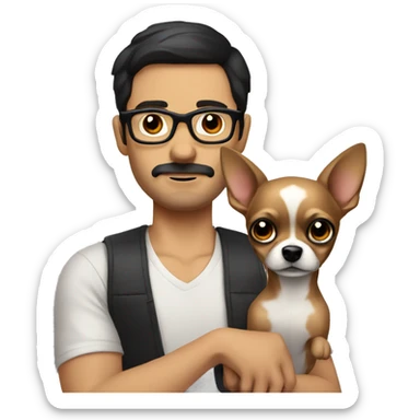 dark hair dark eye man with short mustache wearing glasses holding chihuahua sticker