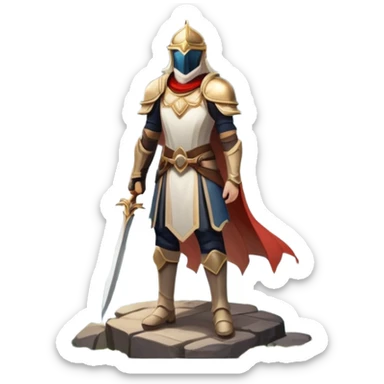 An icon featuring a hero with a closed visor, standing in a majestic, mystical landscape, inspired by RPGs like Elden Ring. The design includes a stunning, ethereal background with towering castles and distant mountains, symbolizing the adventure and mystery. Transparent background sticker