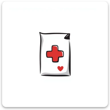 Hand-drawn intimate health clinic packet with red cross and small heart icon, sealed medical packet sticker