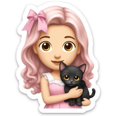 olive-toned brunette with long wavy dark brown hair and brown eyes, wearing a light pink hair bow. She is holding a black kitten that also has a matching pink bow sticker