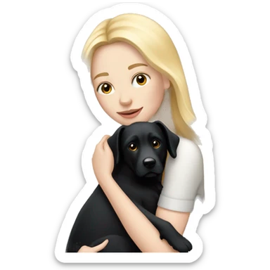 pretty woman with pale skin, very long blonde hair hugging a black dog sticker