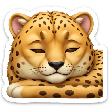 Meme-Worthy Cute Sleeping Cheetah Portrait Emoji, Head resting peacefully with a contented smile, showcasing a lean, muscular build and a luxuriously soft golden spotted Fur, eyes shut in a serene, restful nap, Simplified yet hilariously adorable features, highly detailed, glowing with a soft, drowsy light, high shine, relaxed and utterly lovable, stylized with an air of playful laziness, bright and heartwarming, soft glowing outline, capturing the essence of a comically sleepy cheetah, so meme-worthy it feels like it could instantly become the next viral sensation of adorable slumber! sticker