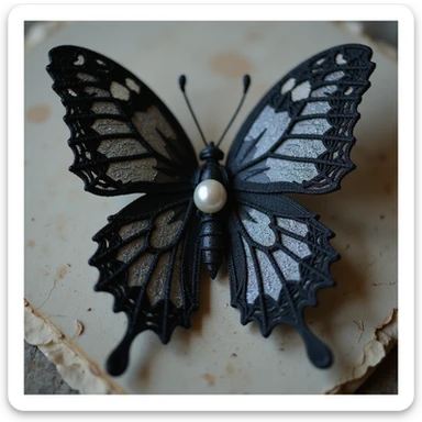 realistic gothic butterfly with lace and pearls, photorealistic style sticker