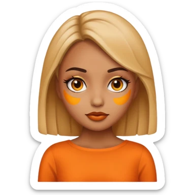 A girl tan skin face emoji with skin head styled, dramatic makeup and an orange dress. sticker