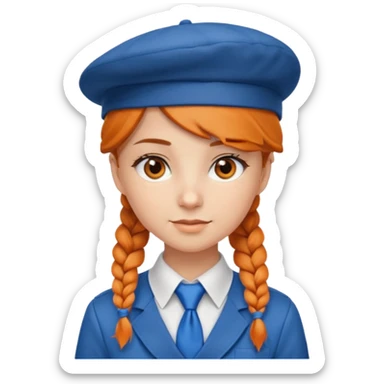 orange braided hair girl, wearing white shirt, Blue Necktie, and a brown berret Hat sticker