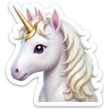 Cinematic Cute White Unicorn Portrait Emoji, Head tilted playfully and inquisitively, featuring a charming, petite form with a silky white color, a delicately flowing mane and tail, and a tiny, sparkling horn, with large, dreamy eyes full of wonder, Simplified yet irresistibly adorable features, highly detailed, glowing with a warm, enchanting glow, high shine, affectionate and lively, stylized with a touch of fairy-tale whimsy, soft glowing outline, capturing the essence of a mischievous yet endearing white unicorn that seems as if it could gallop out of the screen into your heart! sticker
