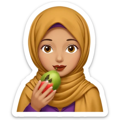 a woman wearing a pashmina hijab is eating sticker