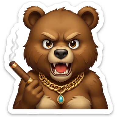 an angry wild bear with sharp teeth, a cigar in her mouth and a necklace around her neck sticker