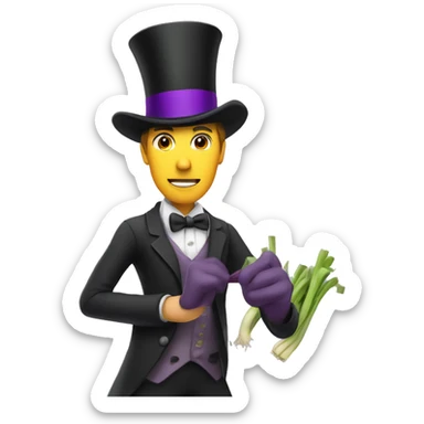 White man wearing a Top Hat with a purple band holding a leek sticker