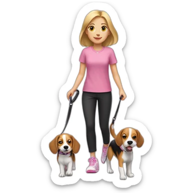 A blonde girl, in a pink blouse and black trousers, in sneakers, leads a beagle dog on a leash sticker