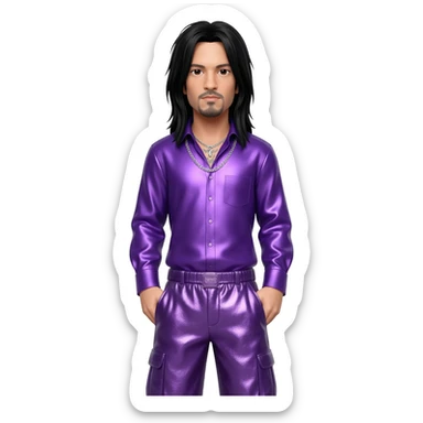 Jonathan Davis with long black hair, purple metallic shirt, purple metallic baggy pants, silver necklace sticker