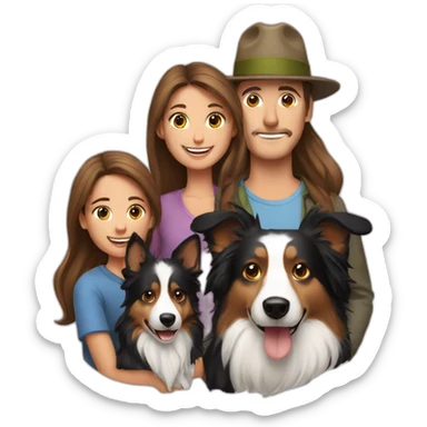 family group consisting of man in hat and woman with long hair in ponytail and small border collie dog sticker