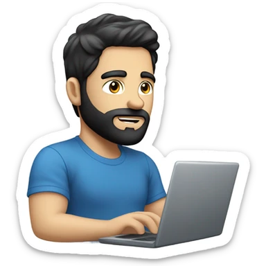 white guy with black hair thin face with beard typing in laptop wearing blue t-shirt working in call center sticker