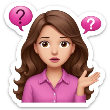 girl with long wavy brown hair, brown eyes, light to medium complexion, in a pink shirt, pink lips, long lashes, confused, question mark one speech bubble sticker