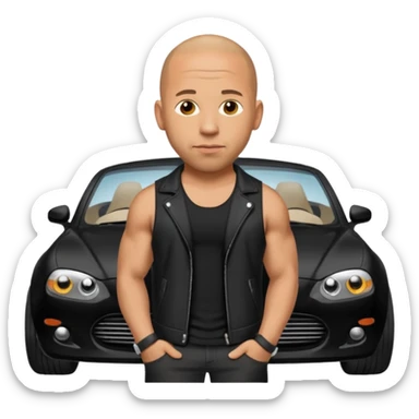 Vin Diesel emoji wearing a white tank top and black jacket with a black car behind him sticker