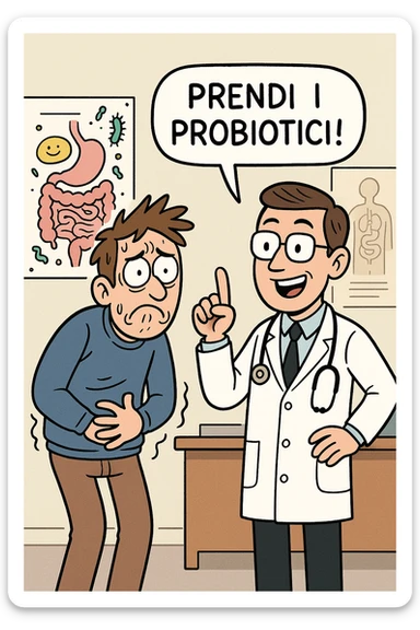 Uomo che ha disbiosi evidente e il dottore gli dice "Prendi i Probiotici!" sticker