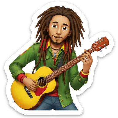 Icon for Reggae Music: Bob Marley with his guitar, surrounded by his band, The Wailers. The design should capture the laid-back, rhythmic vibe of reggae, with iconic dreadlocks and vibrant colors (red, yellow, green). Transparent background. sticker
