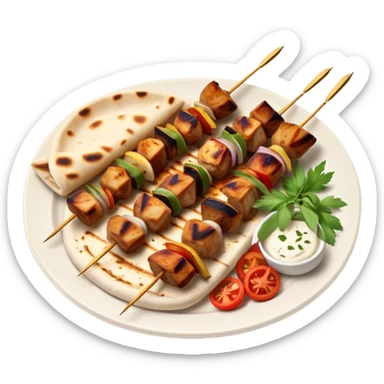 cinematic-realistic-souvlaki-dish-emoji,-showcasing-skewered,-2 grilled-chicken-with-mediterranean-spices-rendered-with-dynamic-textures-and-warm,-appetizing-lighting on pita bread on a plate sticker