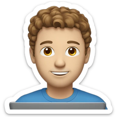 White man with brown hair and blue eyes stuble on face working on a laptop sticker