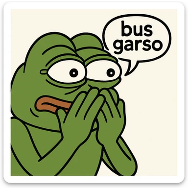 Edit the classic Pepe the Frog in 3D emoji style with both hands over mouth, eyes wide, barely holding back laughter, with a speech bubble 'bus garso'. Keep the classic Pepe look from the reference, no drink, focus on face and expression. Variant 2. sticker