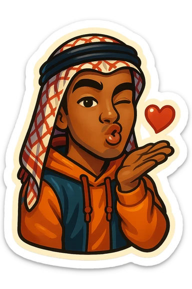 cartoonish, bold, vibrant emoji-style sticker of Ara, an Arab young man with medium brown skin, black hair, wearing casual urban Middle Eastern streetwear like a keffiyeh scarf or hoodie, blowing a kiss with puckered lips and a wink sticker