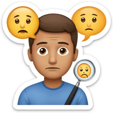 Realistic emoji-style man in simple everyday clothes, looking thoughtful and analytical. A thought bubble above his head shows a critical-thinking icon (question mark + magnifying glass). Soft lighting, expressive critical facial expression. sticker