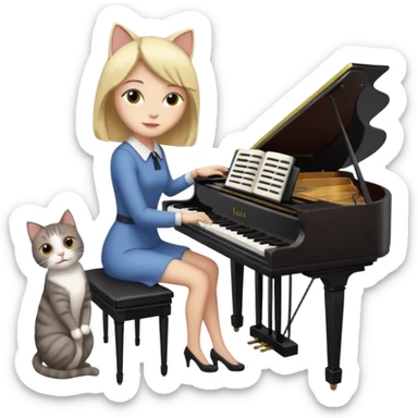 woman playing piano while her cat sits on top of the piano sticker