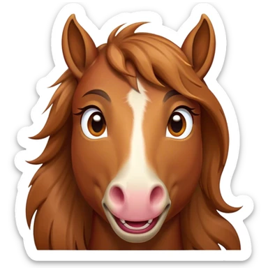Cinematic Comical Chestnut Horse Portrait Emoji, Head tilted dramatically with an exaggeratedly amused expression, featuring a striking chestnut fur with a glossy finish and wide, expressive amber eyes filled with playful disbelief, Simplified yet hilariously expressive features, highly detailed, glowing with a slightly sassy glow, high shine, dramatic yet playful, stylized with an air of cheeky mischief, bright and endearing, soft glowing outline, capturing the essence of a spirited and over-the-top horse, so meme-worthy it feels like it could side-eye its way into internet fame instantly! sticker