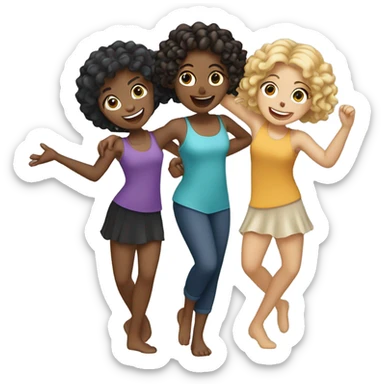 3 girls dancing with each other 1 girl blonde and tan 2nd girl black hair and white and 3rd girl curly brown hair and tan sticker