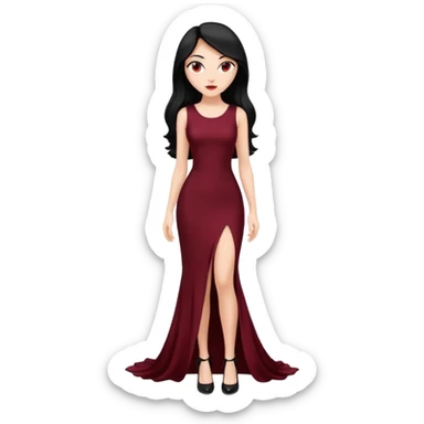 Chica blanca ,ojos marrones, vestido granate muy largo sexy escote redondo,  cuerpo entero pelo negro y largo zapatos negros tacon sticker