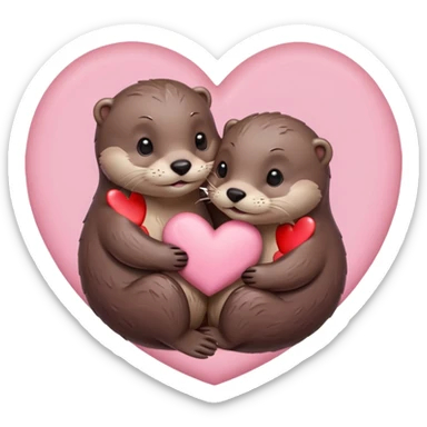 two otters hugging against a pastel pink heart sticker